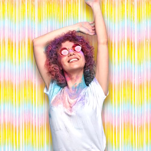 Voircoloria 2 Pack Pastel Rainbow Foil Fringe Backdrop Curtains, Tinsel Streamers Birthday Party Decorations, Fringe Backdrop for Baby Shower, Gender Reveal, Birthday Party - color: 32 Pastel Rainbow