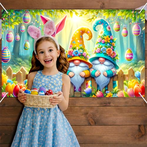 BlissYard Easter Banner Decorations Outdoor Spring Gnome Floral Backdrop 71x43 Inch Happy Easter Party Banner for Yard Porch Kids Egg Hunt Holiday Decor Cute Holiday Backdrop - color: Cute Dwarf