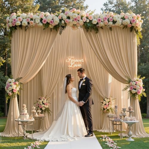 gogoparti 20x12ft Beige Backdrop Curtain for Wedding Parties, 4 Panels (5x12 ft Each) Wrinkle-Free Dackdrop Curtains, Silky Draping Fabric for Birthday Party, Baby Shower, Photo Background - color: Beige, size: 5ft(W)x12ft(H)-4 Panels