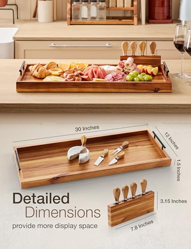 TIDITA Acacia 30 Inch Large Charcuterie Boards for Party with Cheese Knife Set of 4 – Acacia Wood Serving Tray with Handles, Long Charcuterie Board, Wooden Cheese Board - color: Acacia, size: 30" x 12" x 1.5"