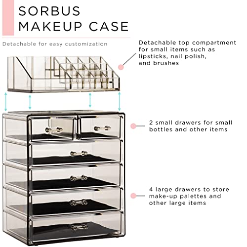 Sorbus Acrylic Makeup Organizer Set, 6-Drawer Vanity & Countertop Cosmetic Storage with Small & Wide Compartments, Black-Tint Makeup Storage for Brushes, Jewelry – Holiday Gift for Women & Teens - color: Black Jewel, size: 4 Large, 2 Small Drawers