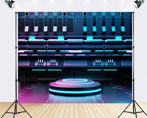 Trykid 6x6ft Cyberpunk Server Room Podium Backdrop Futuristic Neon Glowing Stage Sci Fi Photography Background Product Display Party Decoration Tapestry Photo Booth Prop Fabric - size: 6x6ft