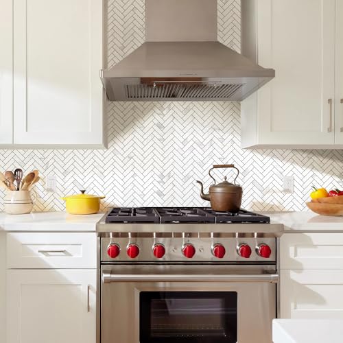 STICKGOO 10 Sheets Herringbone Peel and Stick Backsplash, Stick on Aluminum Composite PVC Kitchen Backsplash, Marble White Mixed Light Grey Look Self Adhesive Wall Tiles - color: Calacatta