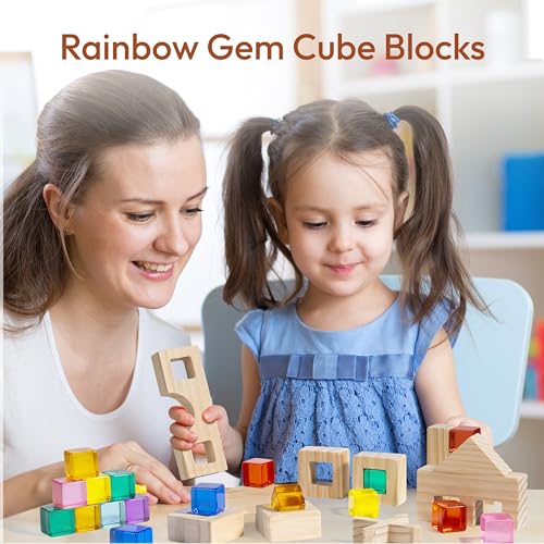 Woodtoe Wooden Rainbow Building Blocks Set for Toddlers, 22 PCS Wooden Blocks & 25 PCS Gem Cubes Stacking Blocks, Montessori Stacking Toys, Educational STEM Birthday Toys Gifts for Kid Boy Girl 3-6 - style: Rainbow Building Blocks Set