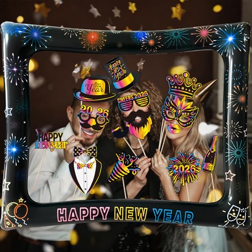 2026 New Year Photo Booth Inflatable Frame Kit, 30Pcs Colorful Neon New Years Photo Booth Props with Inflatable Picture Frame for New Year Eve Party Selfie Props Supplies - color: Colorful