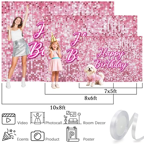 Pink Happy Birthday Backdrop 10 x 8 ft Sweet Pink Girls Birthday Background for Women Photography Princess Theme Party Banner Polyester Shimmer Wall Decoration( Non-Glowing Brilliant Design) - color: Pink Birthday, size: 10x8 FT