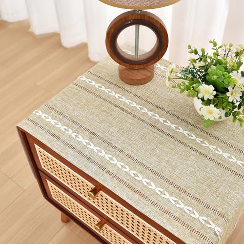 NEWISHER Rustic Farmhouse Embroidered Small Rectangle Tablecloth, Jacquard Striped Table Cloth Washable Fabric Dining Table Cover for Nightstand, Bedside Table, End Table (15x35 Inch), Yellow - color: Almond Buff, size: 35" x 15" (Rectangular)