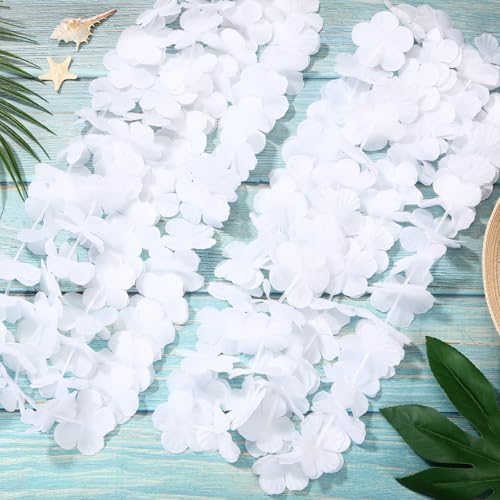 Hoteam 24 Counts White Hawaiian Leis Necklace Tropical Flower Lei Floral Luau Party Decorations Hawaiian Flower Luau Necklaces Hula Dance Garland Headbands for Beach Birthday Wedding Party Favors - color: White