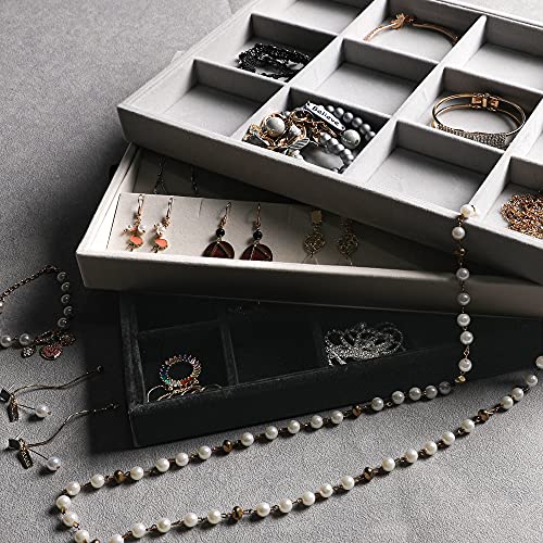 Frebeauty Stackable Velvet Jewelry Organizer Trays for Drawers Inserts Jewelry Storage Tray Display Case, Stud Earrings Bracelets Necklace Rings Trays for Women Girls(Set of 2)(Grey) - color: Grey, size: Set 2