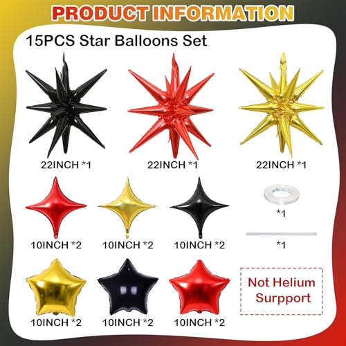Star Balloons, 22in Red Black and Gold Star Balloons Foil 10in 4-Pointed & Pentagram Balloon for Graduation New Year Birthday Casino Movie Night Party Decorations - color: Black Red Gold