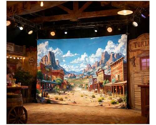 Western Backdrop 10x8ft Western Party Backdrop for Cowboy Birthday Party Decorations Wild West Cowboy Town Background Vintage Cartoon Western Theme Party Decorations Photoshoot - color: blue, size: 10 x 8 ft