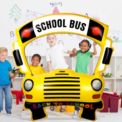 Colingmill 55 Inch School Bus Photo Frame Inflatable Balloon Decorations Photo Backdrop Booth Selfie Frame Background for Classroom Party Supplies - style: School Bus