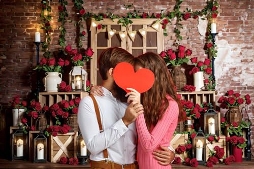 Valentines Backdrop 10x10ft Rustic Wood Door Brick Wall Red Rose Valentines Photo Backdrops for Photography Background Valentine's Day Decorations for Party Birthday Photo Booth Props - color: Brown, size: 10x10ft