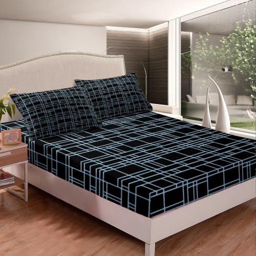 jejeloiu Black Blue Geometric Fitted Sheet Twin Size Kids Stereoscopic Square Bed Sheets Set for Boys Girls Teens Bedding Set Breathable Modern Minimalism Art Bedroom Decor - color: Black Blue, size: Twin
