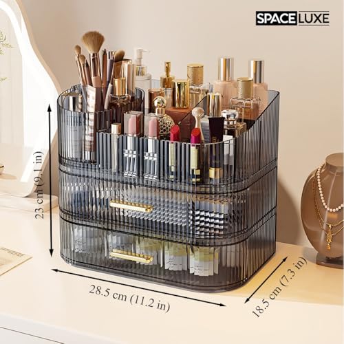 Makeup Organizer with Drawers and 360° Rotating Brush Holder, Large Capacity Cosmetic Storage for Vanity, Skincare, Perfume, Hair Accessories, Lipstick & Jewelry (Transparent Gray, 3-layer) - color: Transparent Gray, size: 3-layer