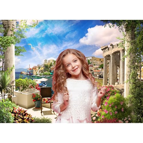 Italy Backdrop Tuscany Garden Terrace View of Mediterranean Bay Costal City Scenery Photography Backdrop Spring Summer Flowers Roman Columns Italian Backdrop for Travel Vacation Photo Props 5x3ft - color: Grey_Blue, size: 5x3ft