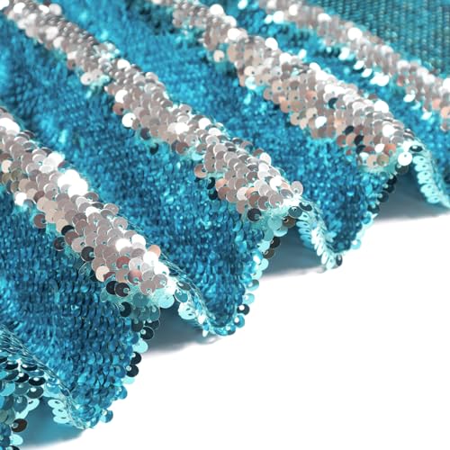 DUOBAO Turquoise to Silver Reversible Fabric 1/2 Sequin Fabric Cut by The Yard Two Tone Mermaid Fabrics Sparkly Turquoise Sequins Backdrop 5mm DIY Sewing Easily Flip Up-Fabrics for Dress - color: Silver to Turquoise, size: 0.5 Yard