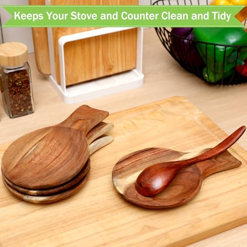 Honeydak 4 Pcs Acacia Wood Spoon Rest for Stovetop Handmade Smooth Wooden Kitchen Spoon Holder for Ladles Tong Cooking Accessories Housewarming Gifts (Round) - style: Round