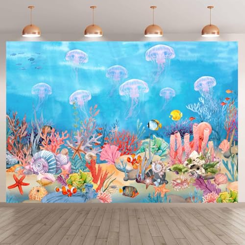 deFouliao Under The Sea Backdrop Colorful Ocean Underwater Coral Starfish Jellyfish Conch Background for Baby Shower Birthday Party Decorations Photo Banner Props, 9x6ft - color: Light Blue, size: 9x6ft