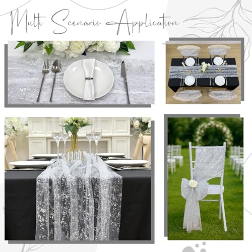 AerWo 4 Pcs Silver Table Runner 10FT, Boho Foil Glitter Sheer Sequin Table Runners 120 Inches Long, Wedding Centerpiece Table Decorations for Party Supplies Birthday Christmas Runners Decorations - size: 4 Pieces, style: Silver