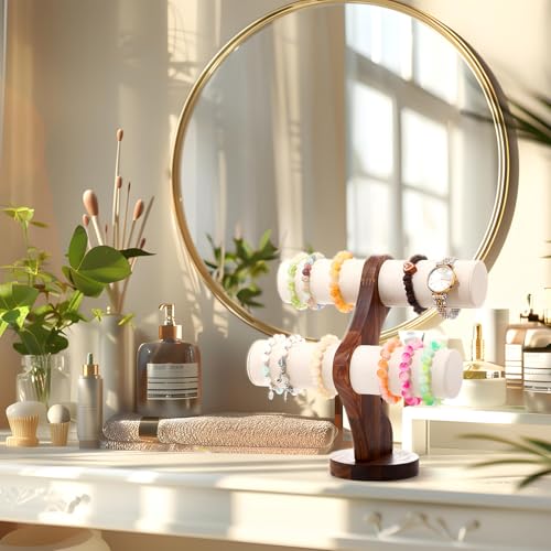 RattanView 2 Tier Walnut Bracelet Holder Display Wooden Watch Stand Organizer T Bar Rack Storage Tower for Selling Retail - color: White