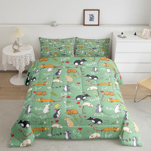 Erosebridal Kids Rat Comforter Set, Mouse Rodents Bedding Set Twin Size, Funny Animal Love Heart Duvet Sets for Boys Girls Children Bedroom, Cartoon Style Duvet Insert Decorative Room, Green - color: Multi 34, size: Twin