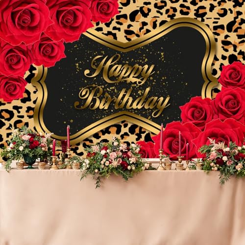 Renaiss Red Leopard Birthday Backdrop for Woman 10x6.5ft Red Rose Flowers Photography Background Fabric Leopard Print Birthday Party Decorations Photo Backdrops - color: Birthday, size: 10Wx6.5H FT