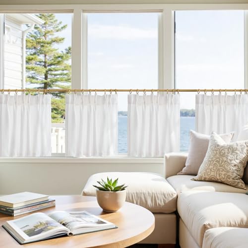 jinchan Linen Pinch Pleated Kitchen Curtains 24 Inch 4 Panels, Natural Linen Tier Curtains Back Tab Beige Farmhouse Cafe, Light Filtering Small Window Drapes for Bathroom Laundry Room Off White - color: Pinch Pleated White, size: 26"W x 24"L (Pack of 4)