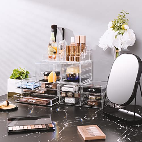 Sorbus Large Makeup Organizer - Clear Stackable Jewelry Makeup Organizer for Vanity, Bathroom Storage Display Case - 12 Drawers Cosmetic Beauty Organizers and Storage with Lipstick Makeup Brush Holder - color: Clear