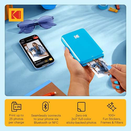 Kodak Step Instant Smartphone Photo Printer - 75 Sheets Bundle - Portable Mini Color Wireless Mobile Printer - Zink 2x3” Sticky-Back Photos - Bluetooth Compatible with Smart Devices - Fun App -Blue - color: Blue, style: Printer + 75 Sheets