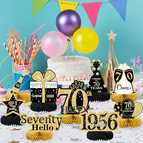 9Pcs 70th Birthday Decorations Honeycomb Centerpieces for Men Women, Black Gold Happy 70th Birthday Centerpieces Tables Toppers Party Decorations Supplies,Vintage 1956 Aged Table Sign Decor - color: Black Gold 70th