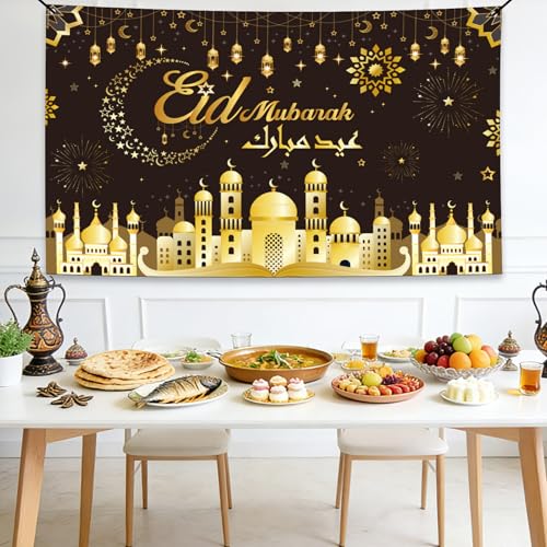 Ramadan Eid Mubarak Decorations - 5.9 x 3.6 Ft Gold Black Muslim Islamic Photography Backdrop Photo Booth Prop Decor Set Eid Al Fitr عيد مبارك Arabic Version Party Supplies for Home