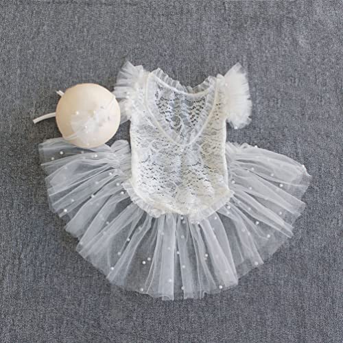 Newborn Photography Props Outfits Princess Baby Girl Pearl Lace Rompers Headdress Infant Baby Girl Photoshoot Costume - color: White