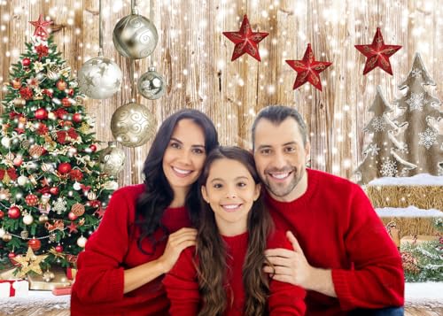 8x6Ft Christmas Backdrops for Photography Winter Snow Backdrop Rustic Wood Floor Backdrop Xmas Tree Gift Christmas Family Party Background - size: 8x6ft