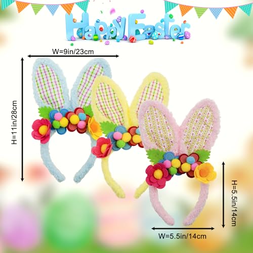 3 Pack Luxurious Easter Bunny Ears Headband Cute Plush Rabbit Ears for Kids Adult Cosplay Birthday Party Supplies - color: 3pcs Headband With Flowers-4