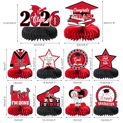 10PCS Graduation Party Decorations Class of 2026 Congrats Grad Table Centerpieces Congratulate Graduation Honeycomb Table Toppers for Graduation Party Supplies(Red Black) - color: Black Red