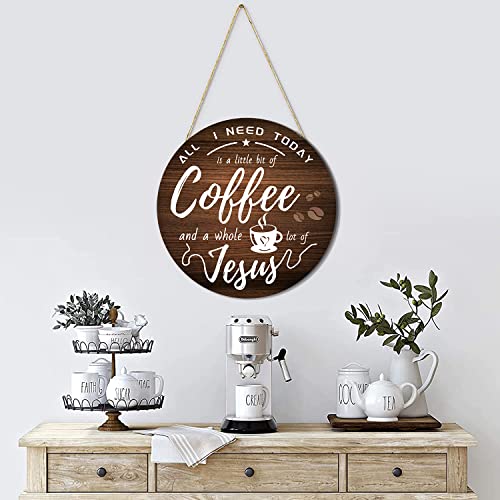 HMASYO Rustic Wood Coffee Bar Signs - 'All I Need Today is A Little bit of Coffee and A Whole Lot of Jesus' for Home, Office Cafe Bar Station Decor,12'' x 12'' - color: Coffee & Jesus-White