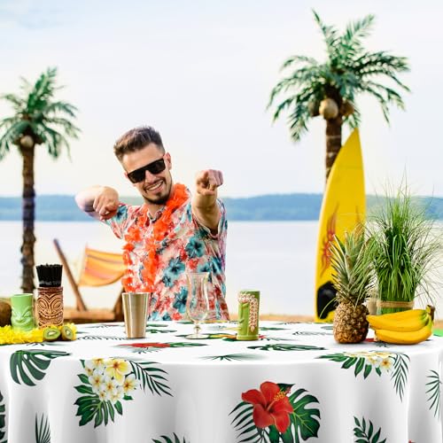 Oudain 84" Round Hawaiian Tablecloths, lagre Tropical Luau Plastic Table Covers with Palm Leaves & Hibiscus Flower, Aloha Summer Beach Pool Party Decorations Supplies(White,12 Pcs) - color: White