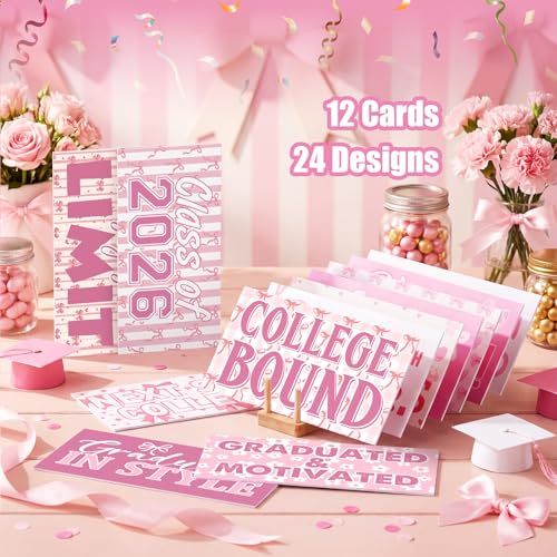 24 Designs Pink Bow Graduation Photo Booth Props Class of 2026 Coquette Double Sided 11x5.51'' Pink and White Graduation Decor Picture Props for Photoshoot Supplies Selfie Sign for School Grad Party - color: Pink Bow, style: Graduation