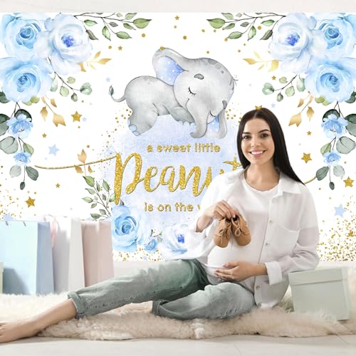InMemory Blue Elephant Baby Shower Backdrop Watercolor Flower It's A Boy Oh Baby Shower Party Decorations Photography Background Floral Little Peanut is On The Way Wall Banner 6x4ft - color: Blue&gold, size: 6x4ft