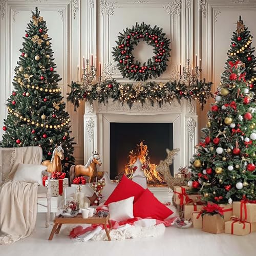 Mocsicka Christmas Fireplace Backdrop Classic Christmas Interior Room Photography Background Winter Family Holiday Home Xmas Tree Party Decorations Photo Booth Props (7x5ft (82x60 inch))