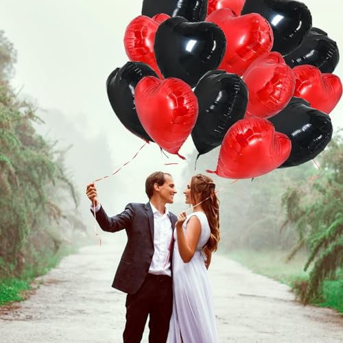 TONIFUL 30Pcs 18 Inch Red Black Heart Balloons Valentine’s Day Heart Shape Foil Mylar Balloons Decoration for Romantic Valentine's Day Wedding Bridal Shower Anniversary Engagement Party Supplies - color: Black Red