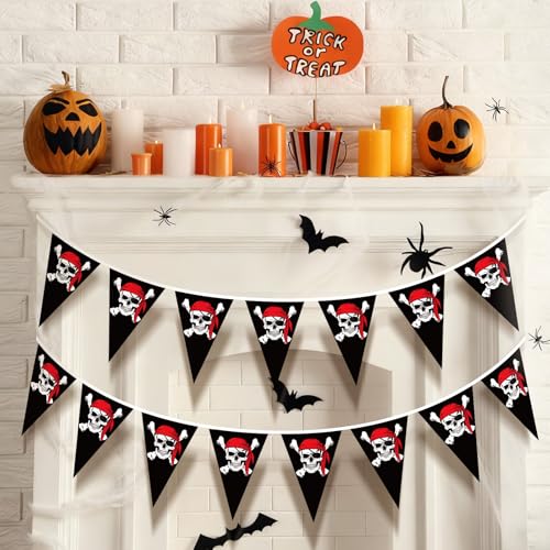 eBoot 90 Pieces Pirate Banner 98ft Skull Pirate Flags Party Decorations Jolly Ship Triangle Pennant Bunting Decor for Birthday Decorations Gasparilla Holiday Celebration Outdoor Party Supplies