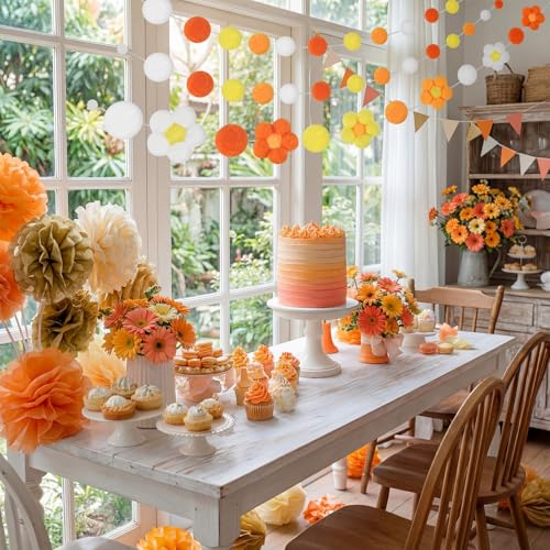 Tatuo 3 Pcs Spring 3D Pompom Ball Garland Pastel Daisy Sunflower Garlands Felt Floral Banner Hanging Flower Pastel Decor for Easter Holiday Birthday Party Boho Home Prop Photo(Floral,Orange) - color: Orange, style: Floral