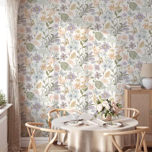 EchoSphere 16.9" x118" Light Peel and Stick Wallpaper Boho Floral Removable Wallpaper Colorful Flowers Botanical Contact Paper Butterfly Self Adhesive Wall Paper for Bedroom Walls DIY Decor, White - color: White, size: 16.9" x 118"