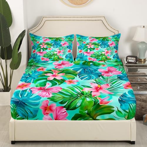 Tropical Leaves Flowers Bed Sheet Set Queen for Youth Bedroom Decor,Seaside Botanical Plants Fitted Sheet,Summer Colorful Leaves Bedding Set 4Pcs (1 Fitted Sheet+1 Flat Sheet+2 Pillowcases) - color: Green Pink Blue, size: QUEEN (W60*L80*H16")