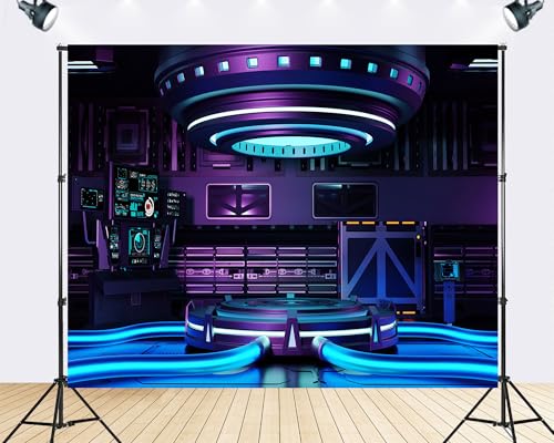 Trykid 6x6ft Cyberpunk Control Room Podium Backdrop Futuristic Neon Glowing Stage Sci Fi Photography Background Product Display Gaming Party Decoration Tapestry Photo Booth Prop Fabric - size: 6x6ft