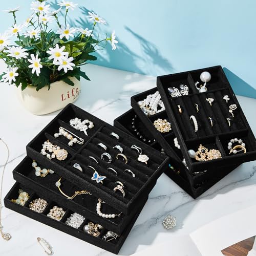 Junkin 18 Pcs Velvet Jewelry Tray, Stackable Jewelry Organizer Trays for Drawer, Jewellery Box Divided Display Tray, Jewelry Inserts for Drawer for Rings Earring Bangle Necklaces(Black) - color: Black