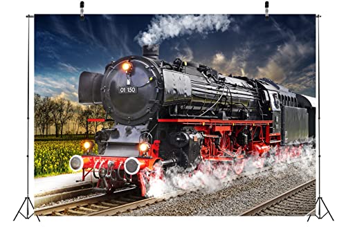 BELECO 15x8ft Fabric Vintage Steam Locomotive Train Photography Backdrop Old Steam Train Railroad Track Spring Natural Scenery Background for Train Theme Party Decorations Kids Adults Photo Props - size: 15x8FT
