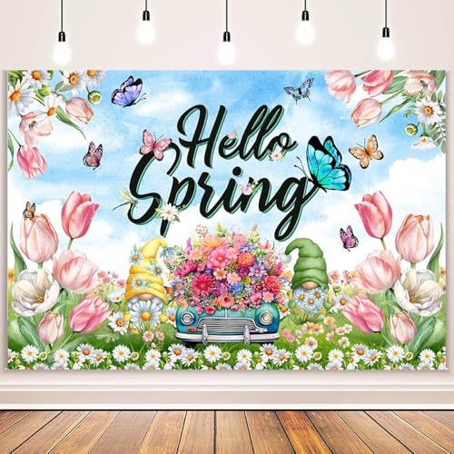 MEHOFOND 8x6ft Spring Backdrop Colorful Floral Hello Spring Decorations Banner Butterfly Tulip Flower Happy Photography Background Easter Holiday Party Decorations Indoor Outdoor Photo Booth Props - size: 8x6ft
